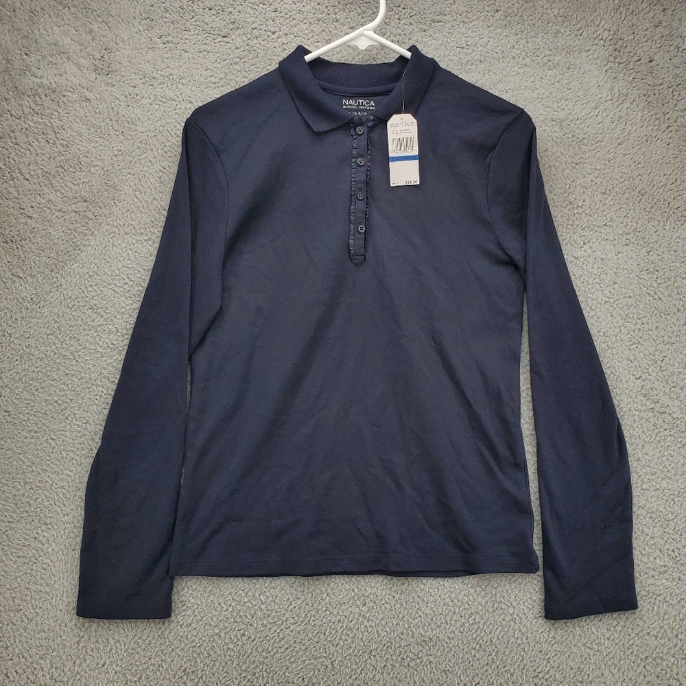 Nautica Uniform Polo Shirt Girls XL Long Sleeve Navy Blue NWT